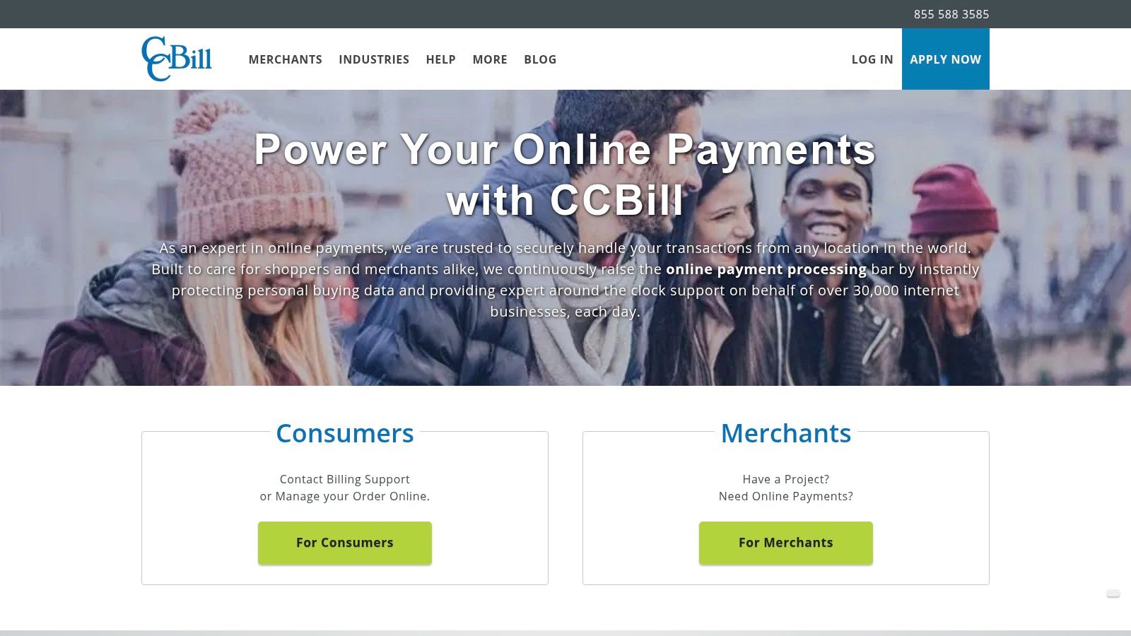 CCBill's online payment solutions landing page, showing global currency support and security features.