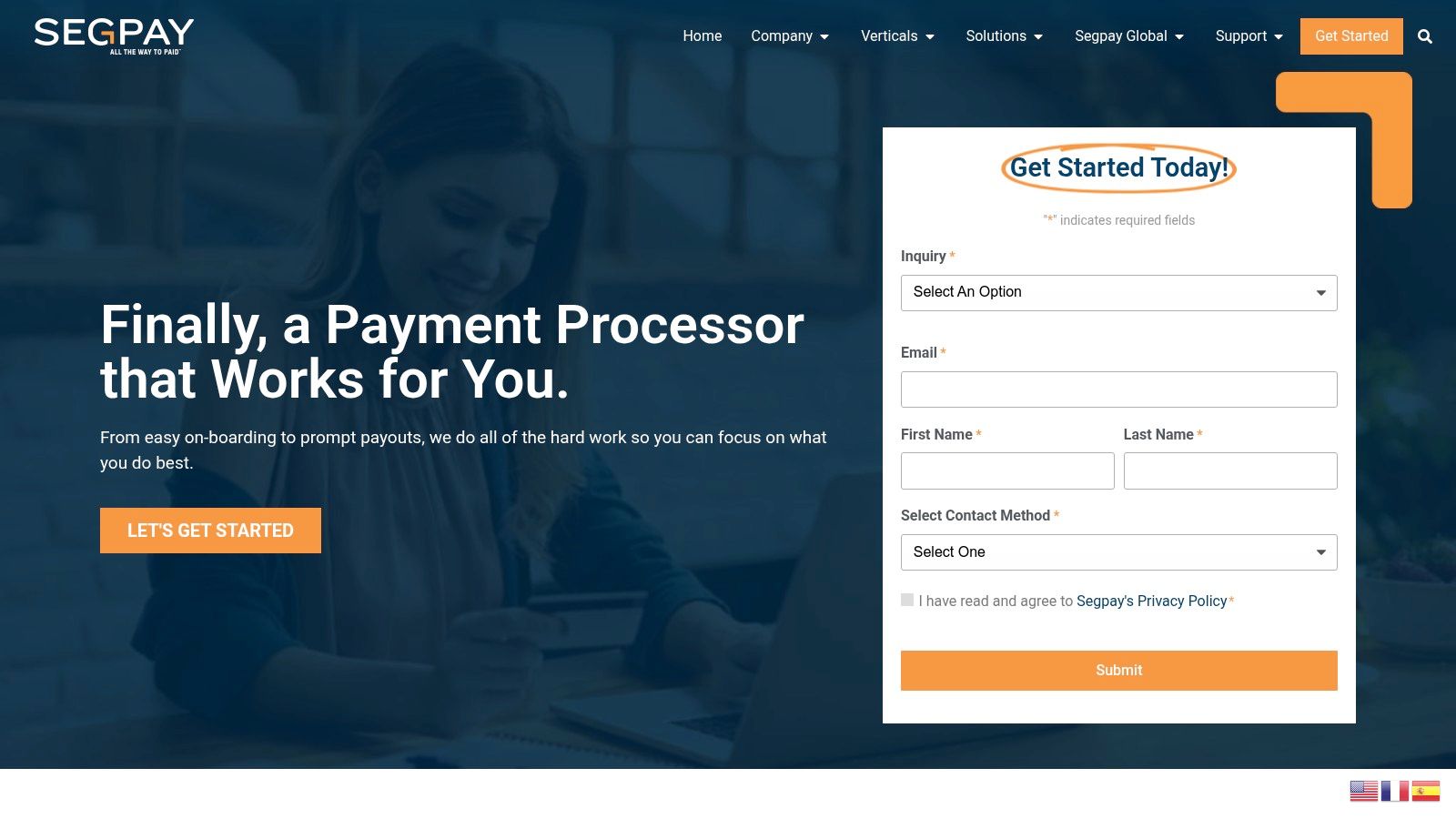 Segpay's signup form for merchants, showing fields for company details and business type.
