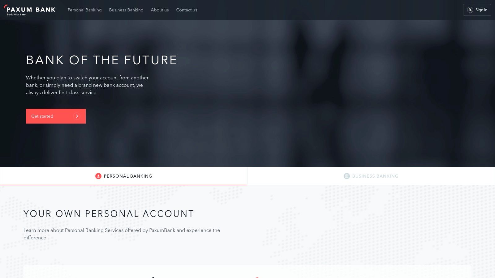 Paxum's homepage, showing a clean interface for its e-wallet and banking services.