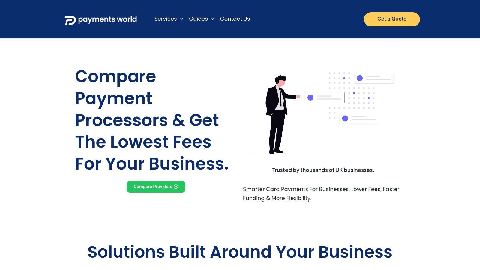 The Payments World (UK) website homepage, highlighting their services for high-risk merchant accounts.