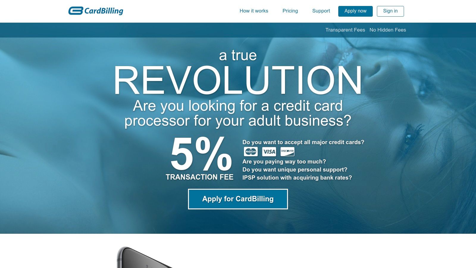 CardBilling's merchant signup page, showing fields for personal and company details.