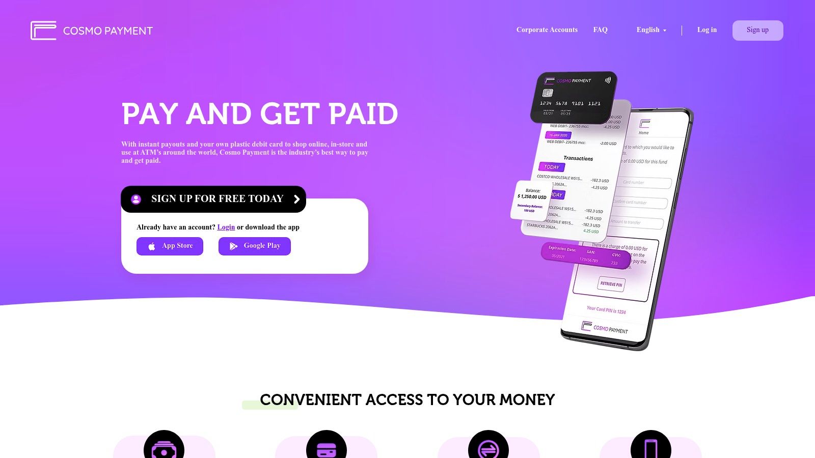 Cosmo Payment's website showing digital payment options and a branded prepaid card.