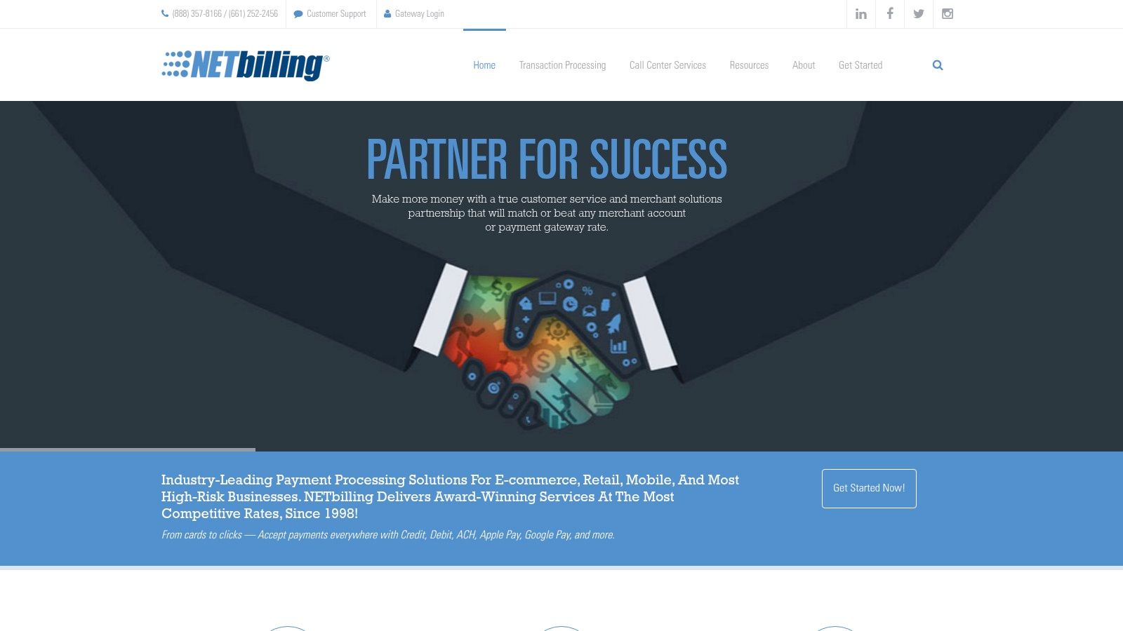 NETbilling's website showing payment processing solutions and features.