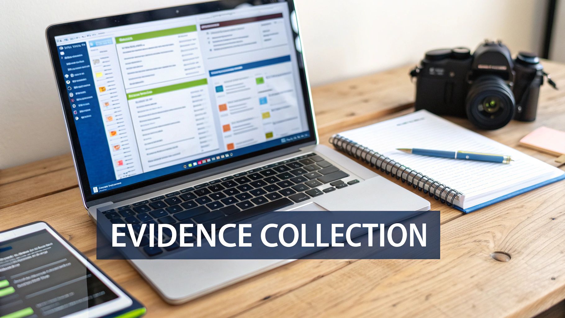 A desk with a laptop displaying data, notebook, pen, camera, and tablet for evidence collection.