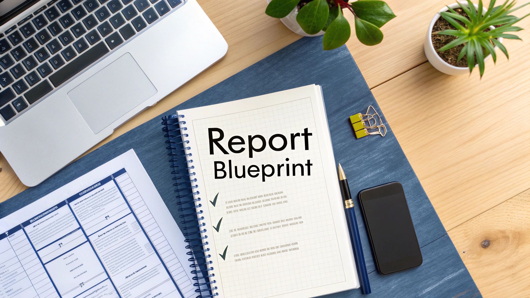 Overhead view of a workspace with a laptop, notebook titled 'Report Blueprint', smartphone, and plants.