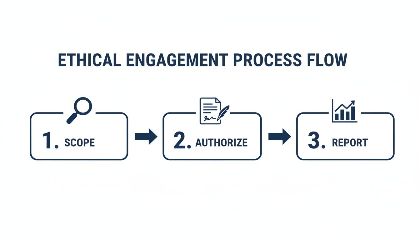 A three-step process flow diagram outlining the ethical engagement process: Scope, Authorize, and Report.