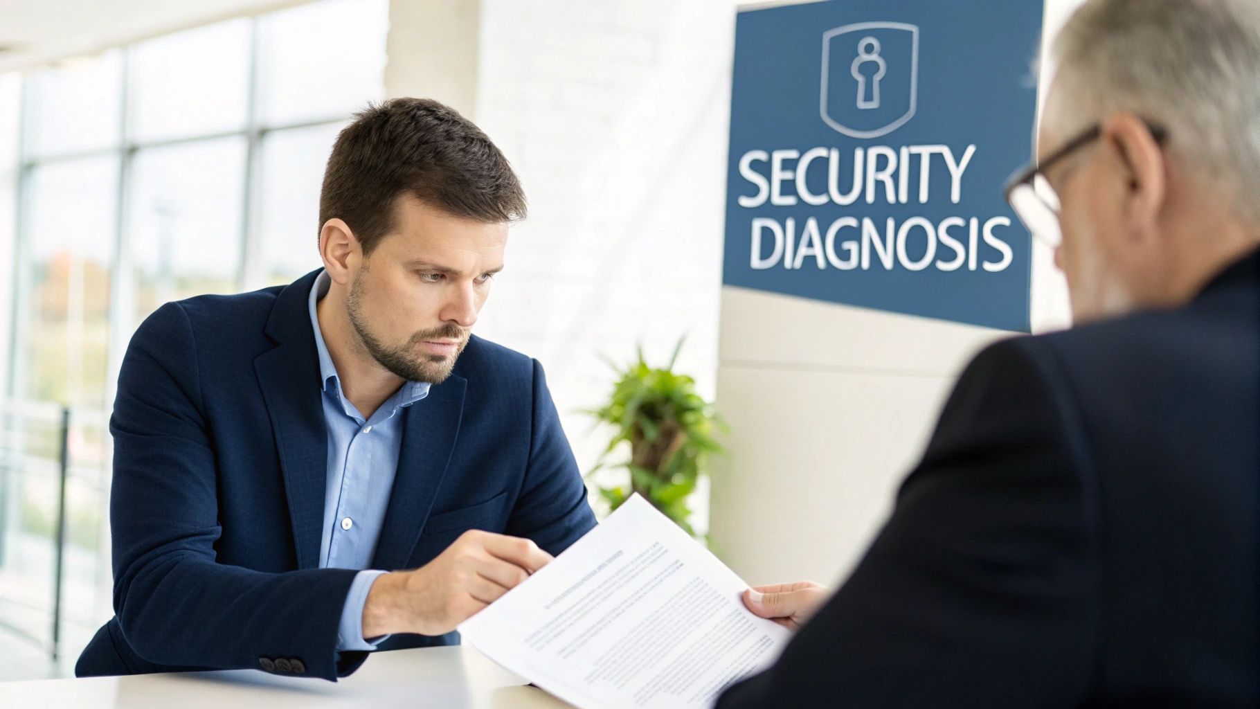 Two professional men discuss documents, one intently reviews papers during a security diagnosis consultation.