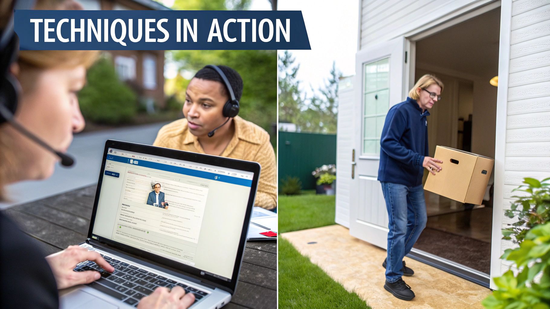 Two people with headsets work on laptops, while another person carries a cardboard box from a house.