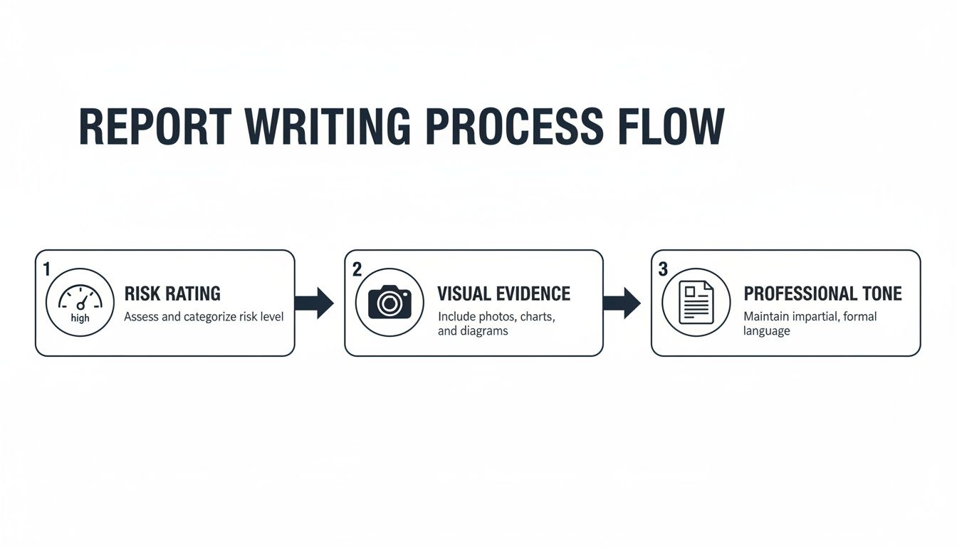 A three-step report writing process flow: risk rating, visual evidence, and professional tone.