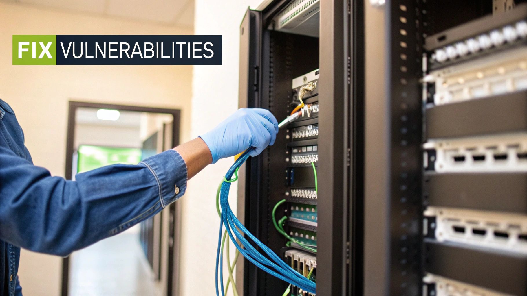 Person in blue gloves connecting network cables in a server rack to fix vulnerabilities.