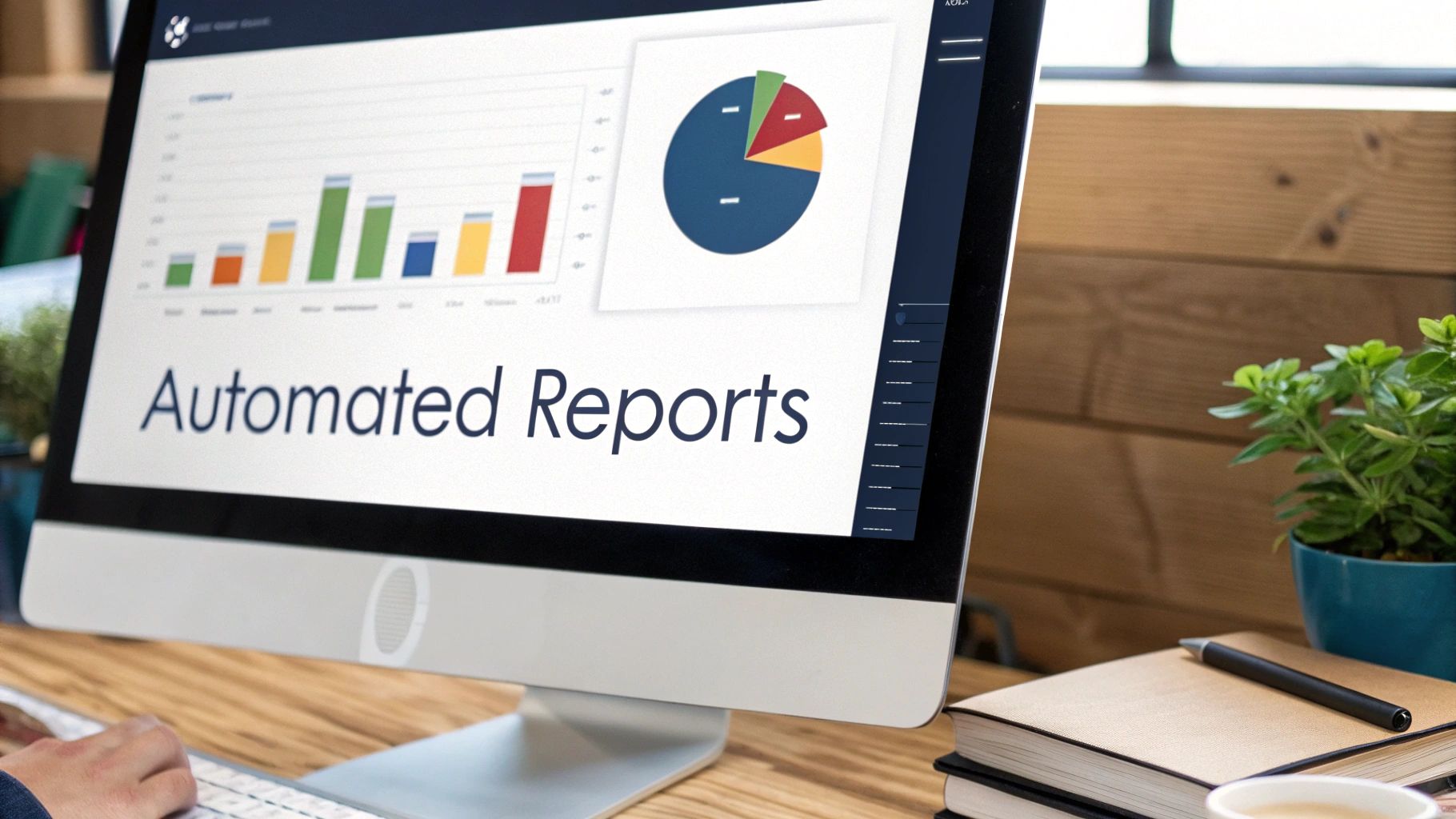 A computer screen displays 'Automated Reports' with data charts, showing a person working at a desk.