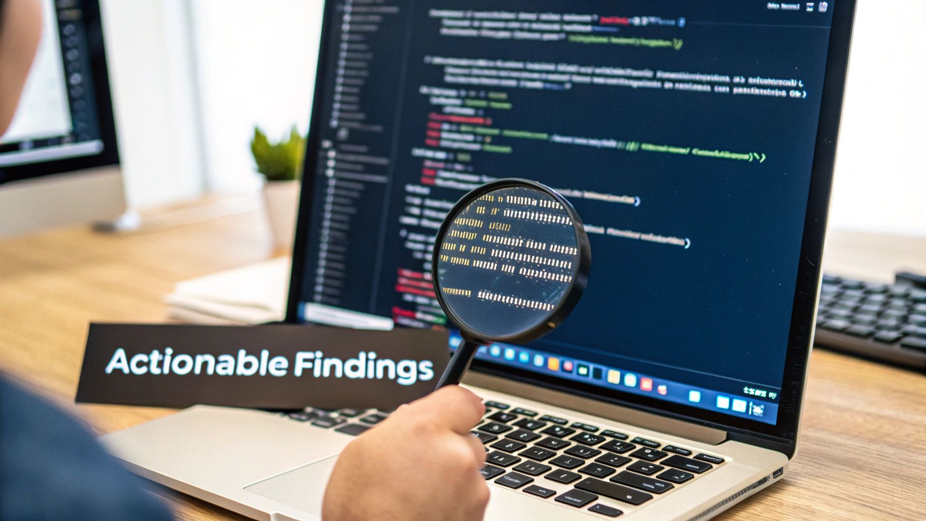 A person inspects code on a laptop screen with a magnifying glass, next to 'Actionable Findings'.