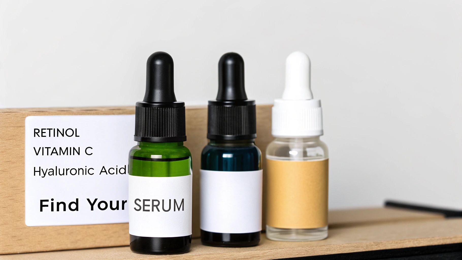 Close-up of three skincare serum bottles, labeled with Retinol, Vitamin C, and Hyaluronic Acid.