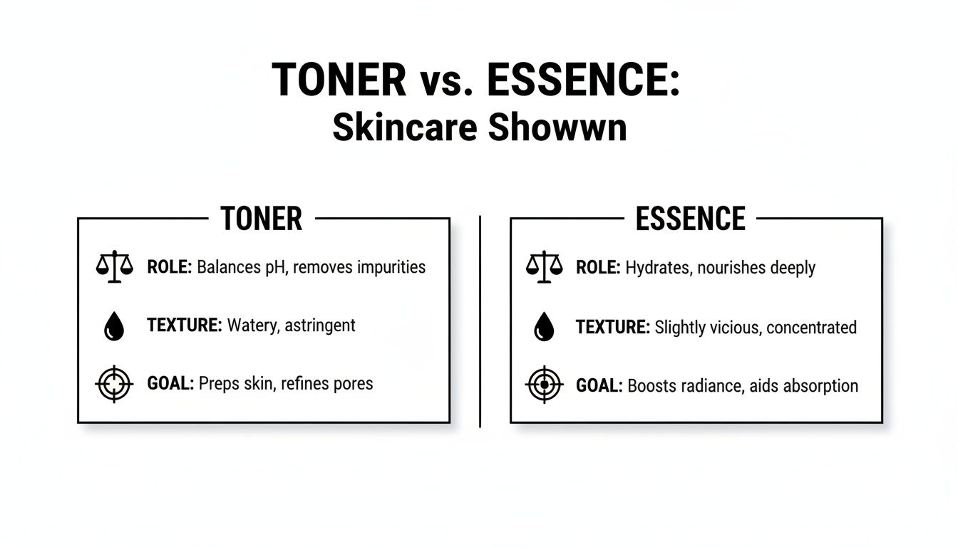 A detailed skincare guide comparing toner and essence, highlighting their roles, textures, and goals.
