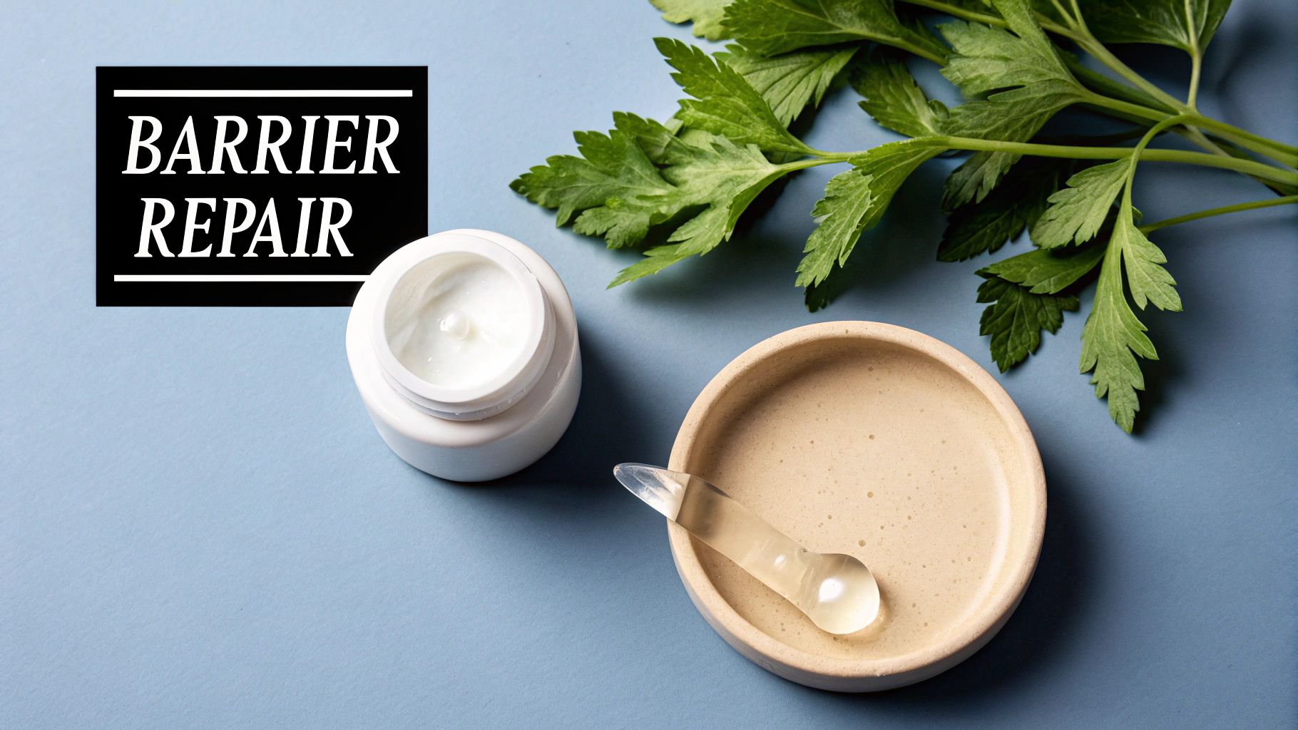 Skincare products with mugwort leaves on a blue background, labeled 'BARRIER REPAIR' for skin.