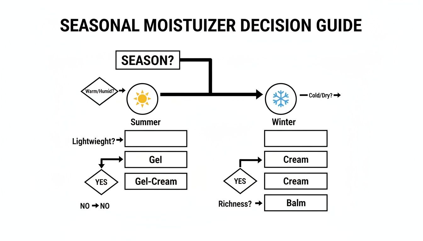 A flowchart guiding seasonal moisturizer selection based on summer/winter, humidity, lightweight preference, and richness.