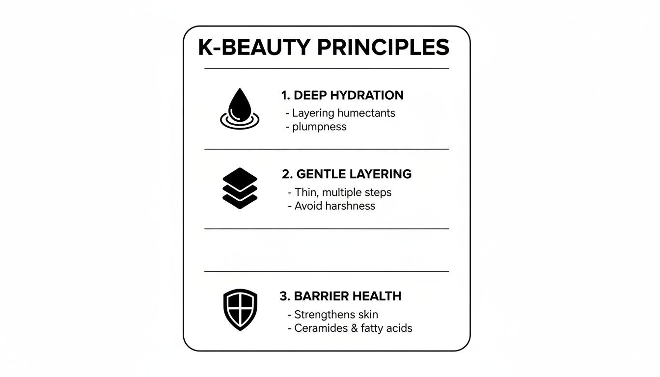 K-Beauty principles infographic detailing deep hydration, gentle layering, and barrier health for skin care.
