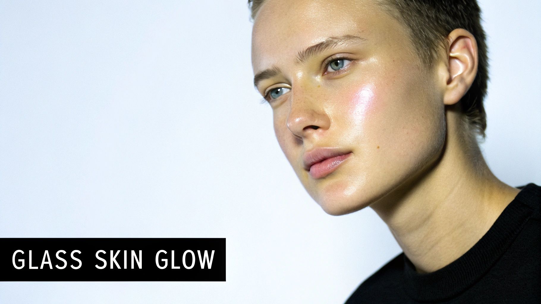 Close-up of a young person with short hair and luminous, dewy skin, showcasing the 'glass skin' trend.