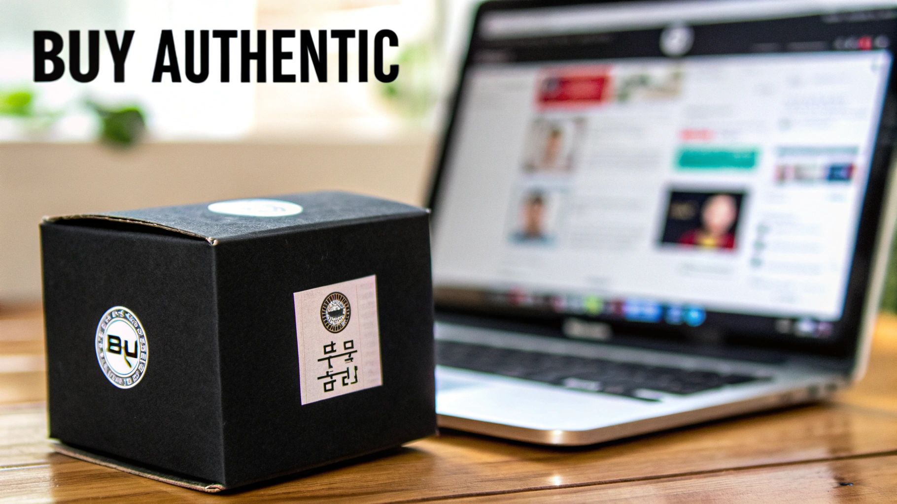 A black product box with Korean labels on a wooden table, next to a laptop displaying 'BUY AUTHENTIC'.