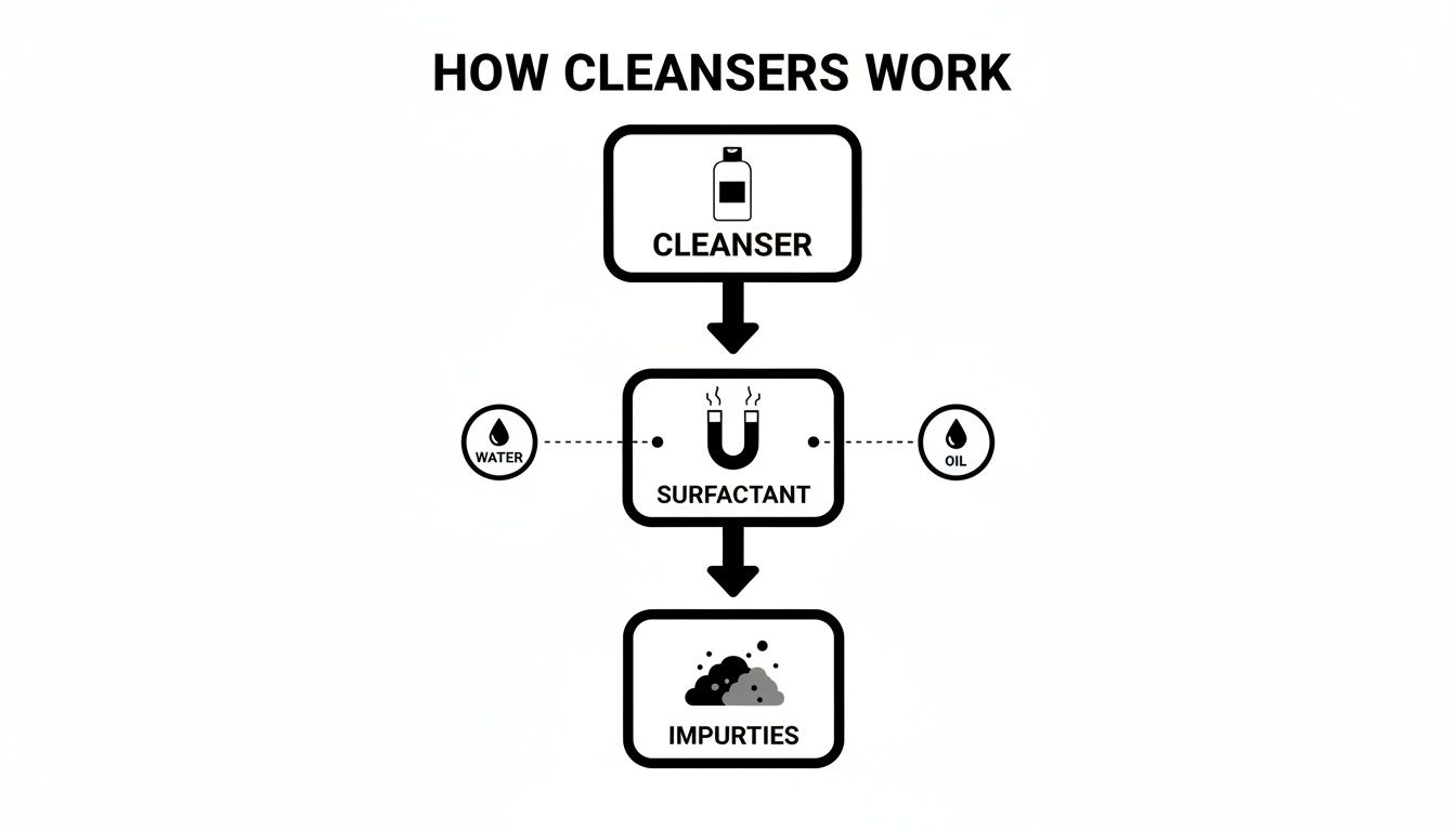 A flowchart illustrating how cleansers work, showing a cleanser leading to a surfactant that attracts water and oil, resulting in impurities.