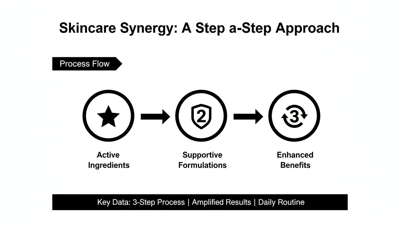 A skincare synergy flowchart showing three steps: active ingredients, supportive formulations, and enhanced benefits.