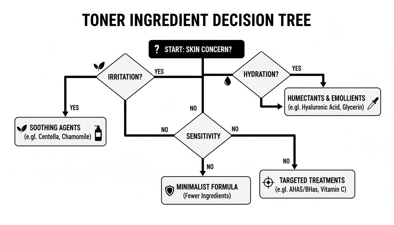 A decision tree flowchart for selecting toner ingredients based on skin concerns like irritation, hydration, and sensitivity.