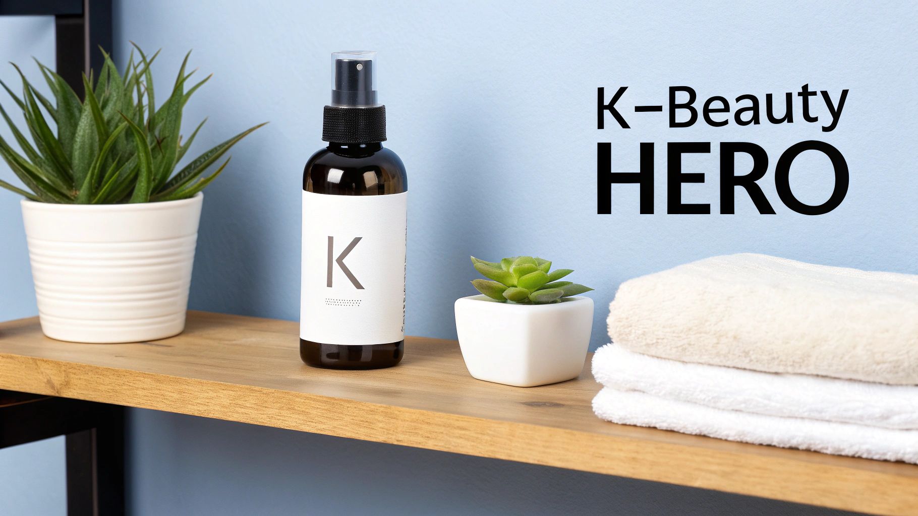 A K-Beauty spray bottle, two potted succulents, and neatly folded towels on a wooden shelf.