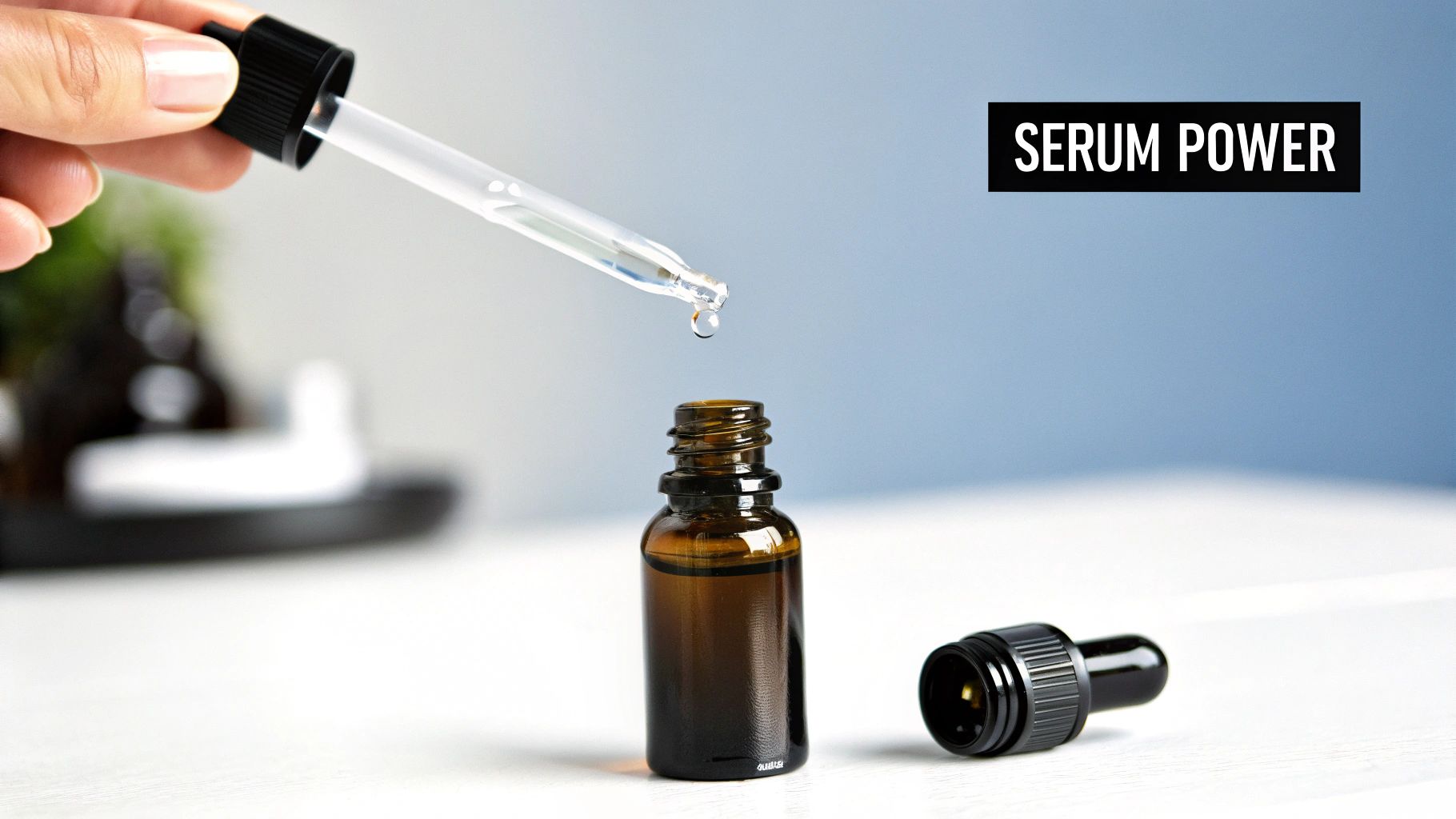 A hand holds a dropper, dispensing a drop of serum into an amber glass bottle, highlighting skincare.