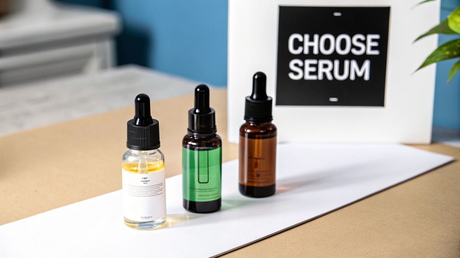 Three dropper bottles of skincare serums, one clear, one green, and one amber, on a white surface, with a 'CHOOSE SERUM' sign.