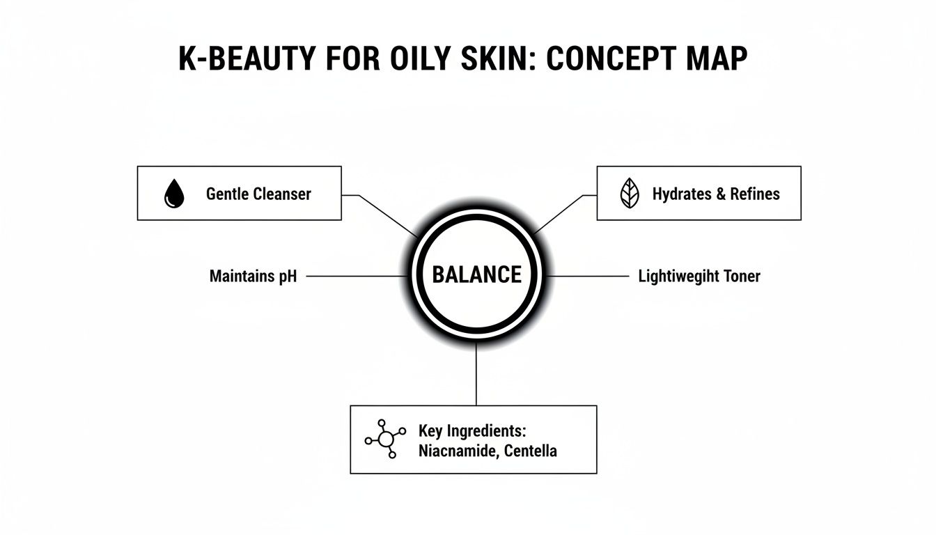 A concept map illustrating K-Beauty for oily skin, highlighting balance with gentle cleanser, lightweight toner, and key ingredients.