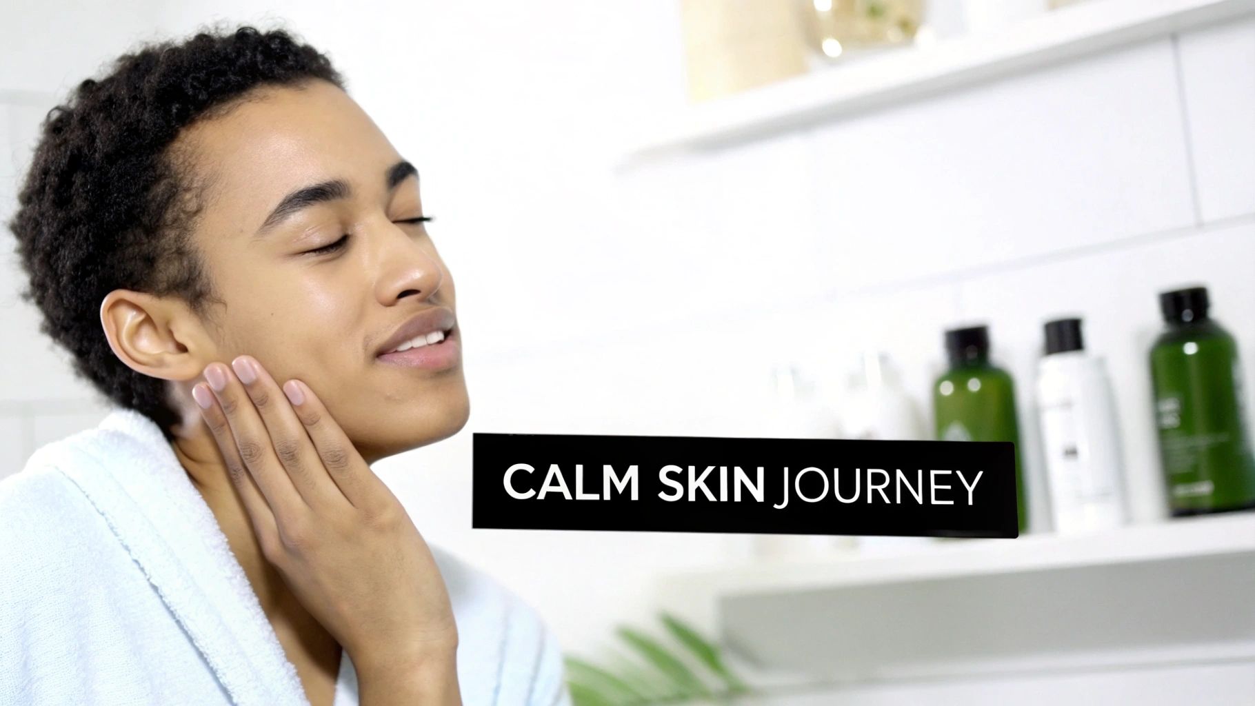 A young person with eyes closed gently touches their cheek, embodying a calm skincare routine.