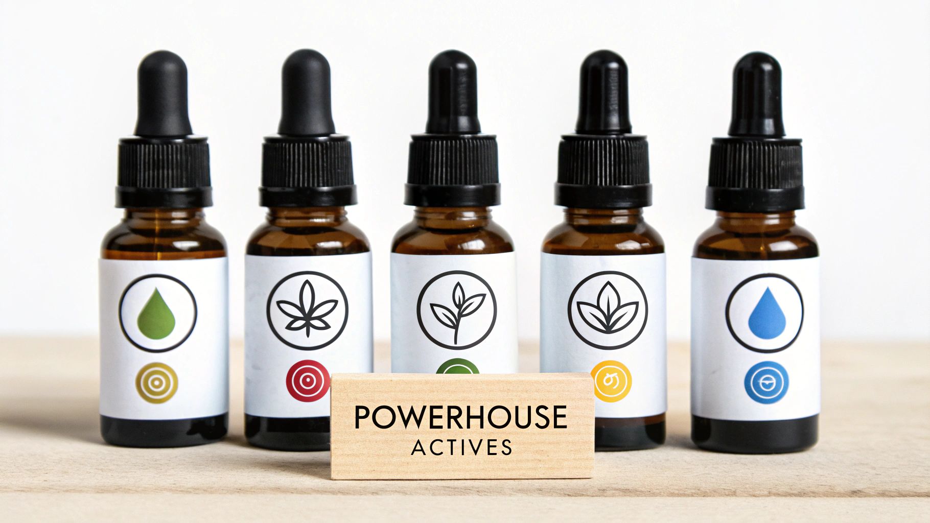 Five amber dropper bottles of skincare serums with plant and water symbols, featuring 'POWERHOUSE ACTIVES'.