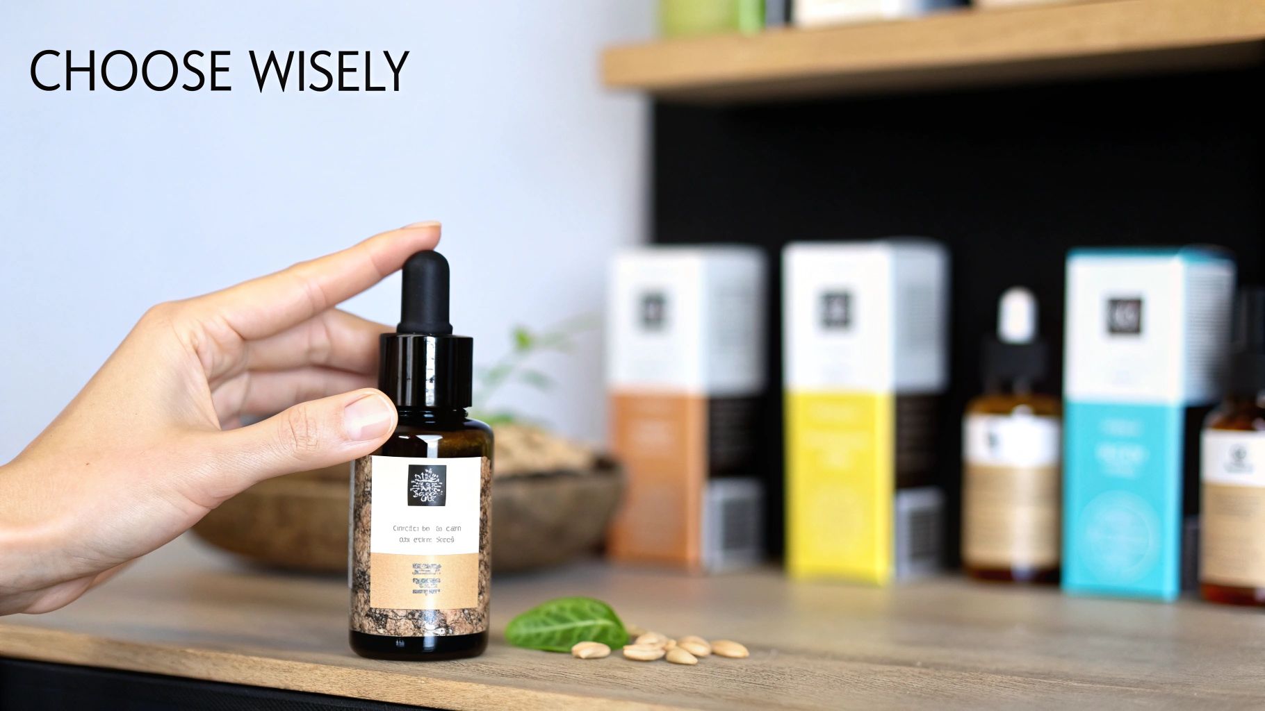 A hand holds a brown dropper bottle of natural skincare serum on a wooden surface.