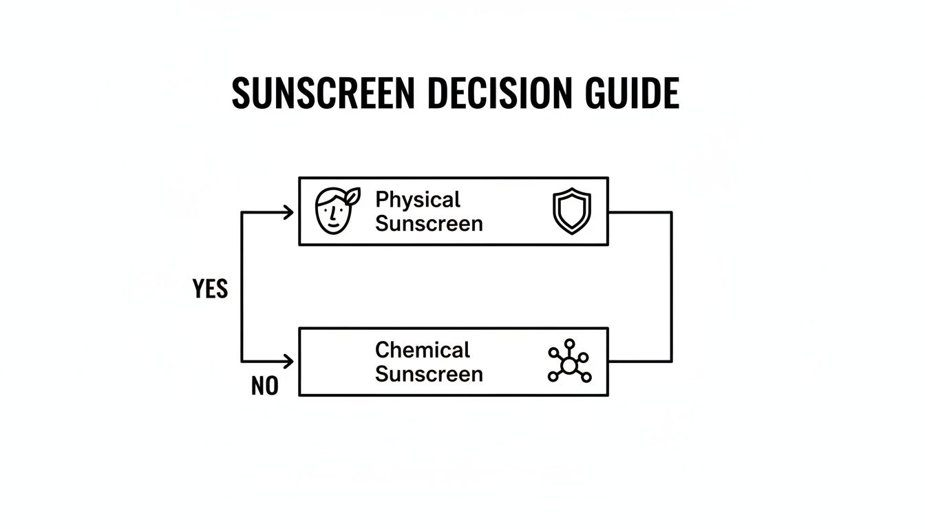 A sunscreen decision guide flowchart comparing physical sunscreen with chemical sunscreen options.