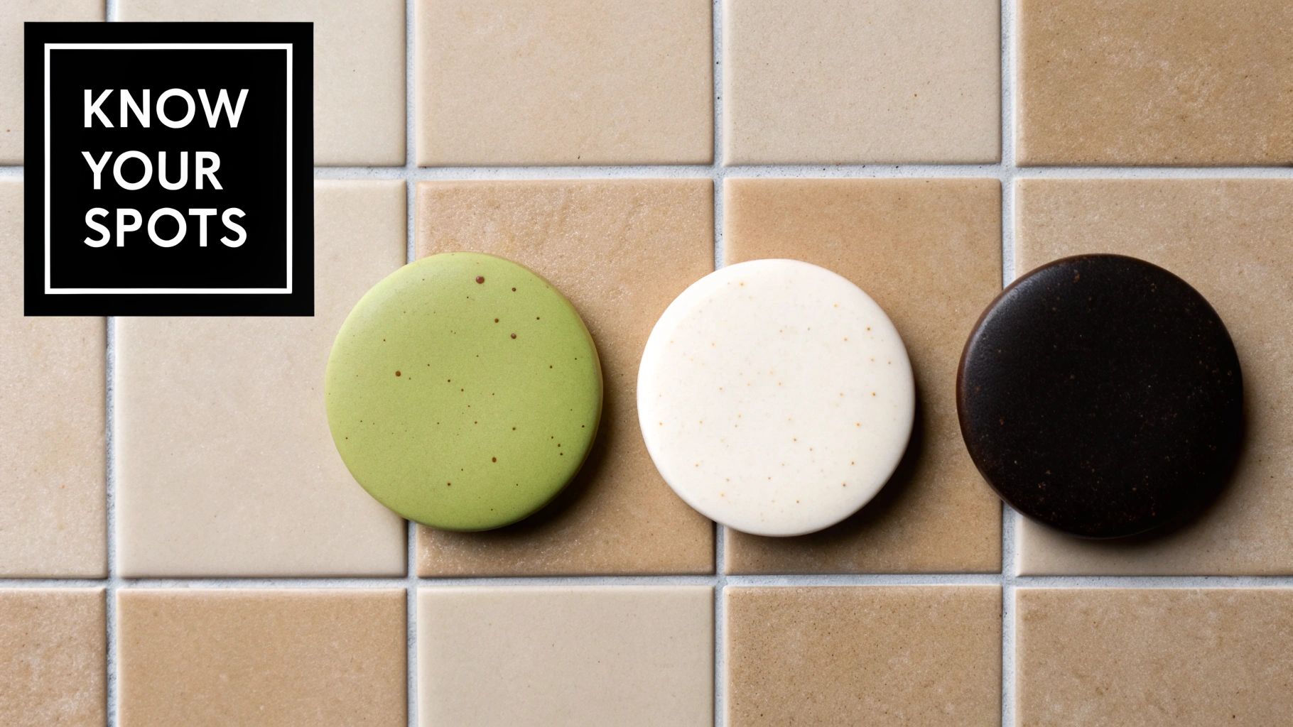 Three spotted macarons (green, white, dark brown) on beige tiles with a 'KNOW YOUR SPOTS' caption.