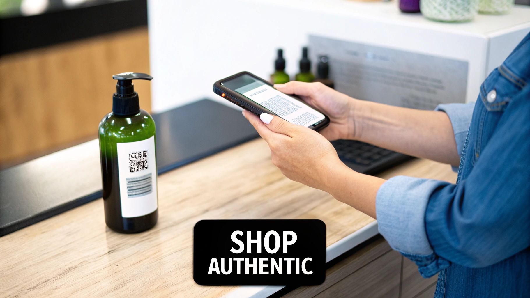 A person uses a smartphone to scan a QR code on a green pump bottle, verifying product authenticity.