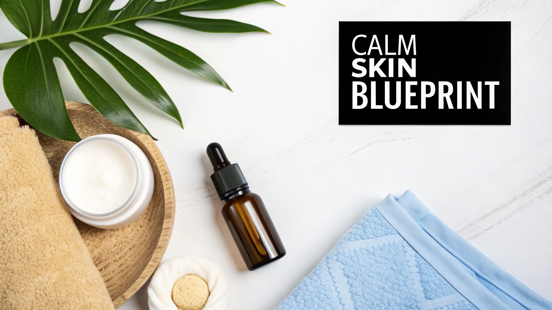 A flat lay of skincare products with a monstera leaf, cream, serum, and towels on a marble surface.