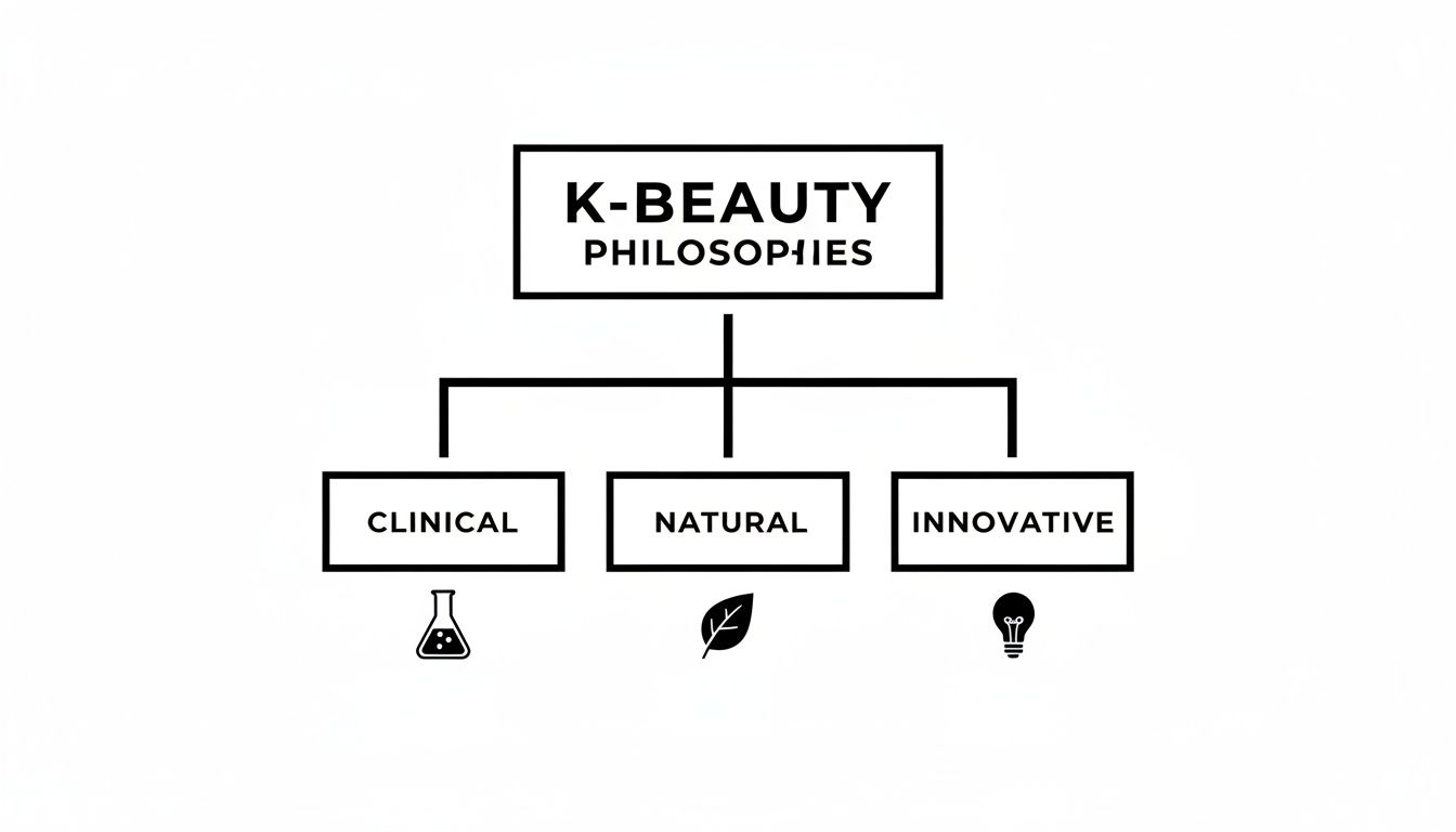 A K-Beauty philosophies diagram showing Clinical, Natural, and Innovative concepts with icons.