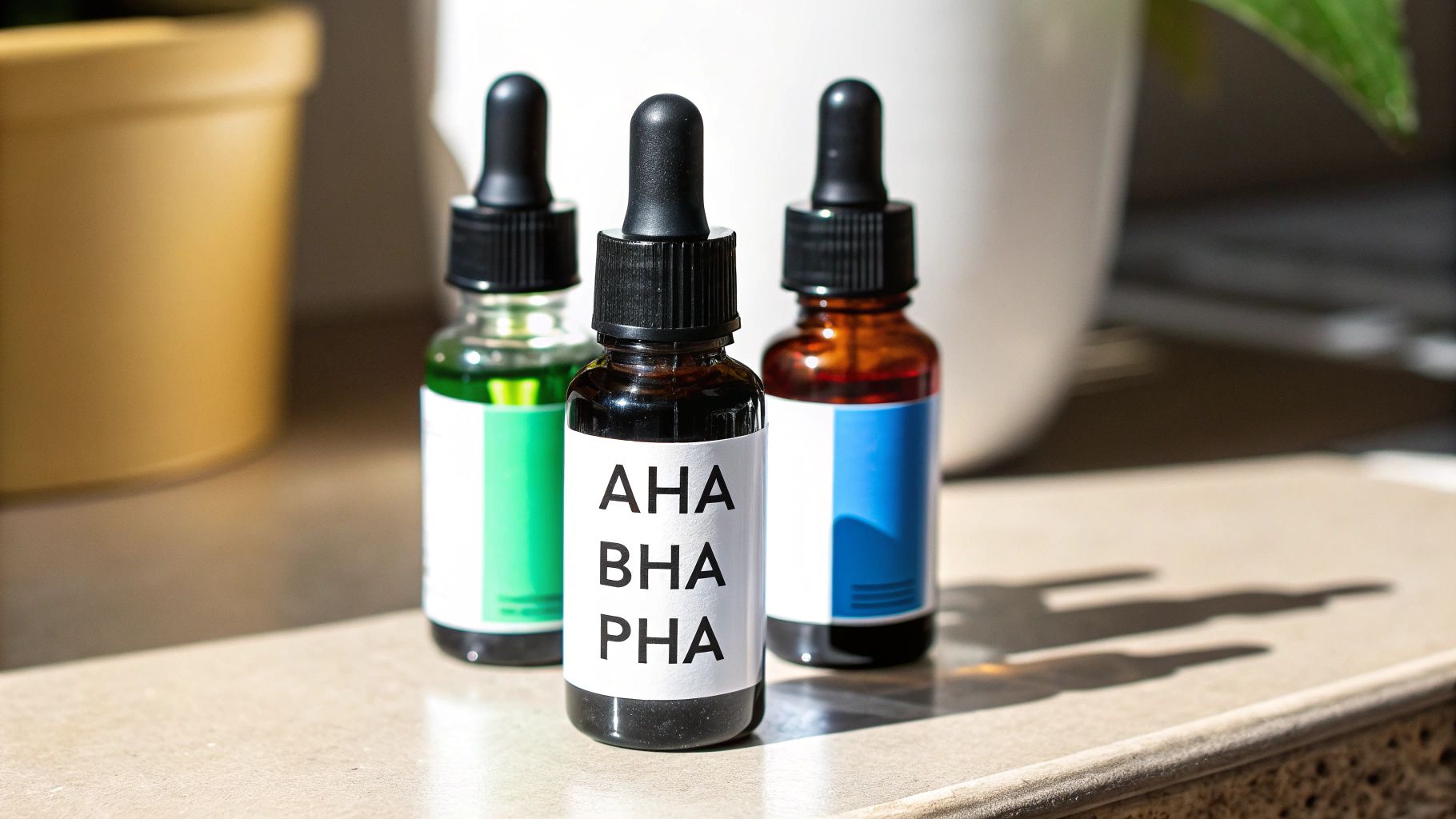 Three dropper bottles of skincare serums, including one labeled AHA BHA PHA, on a sunny counter.
