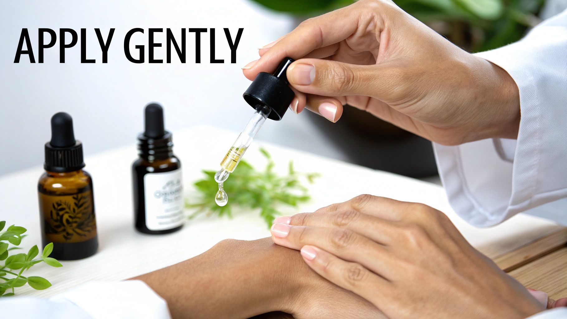 Hands gently apply vitamin C serum from a dropper bottle onto the skin.