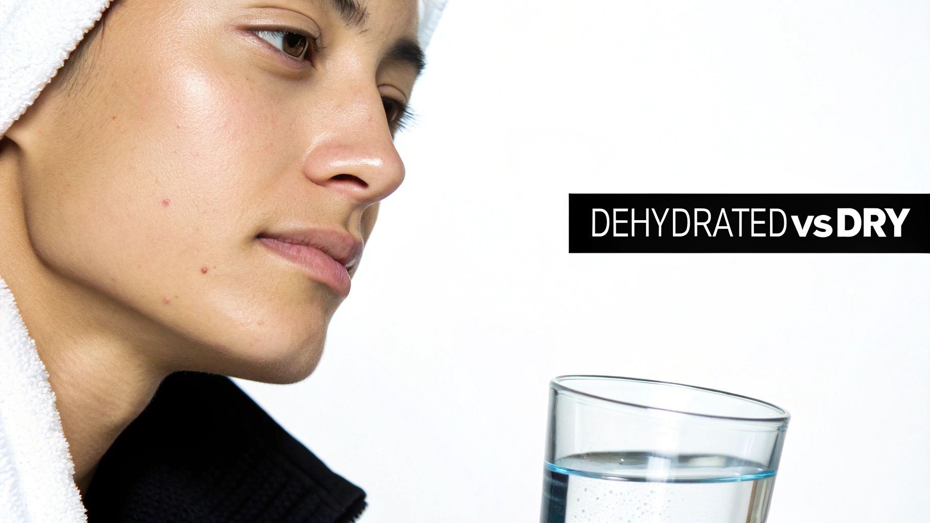 A person with a towel on their head looks at a glass of water, with 'DEHYDRATED vs DRY' text.