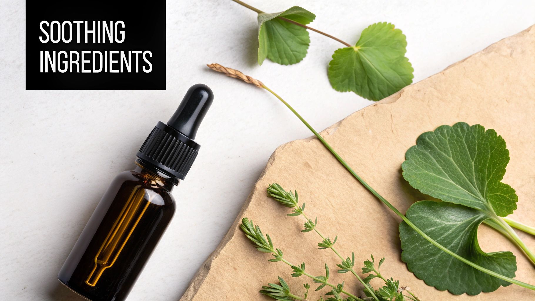 A dropper bottle with essential oil, green herbs, and natural stone, representing soothing ingredients.