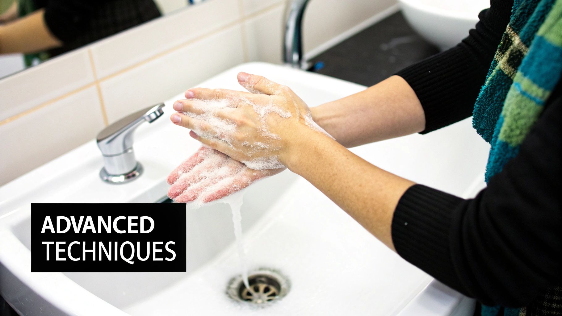Close-up of hands with soap lather being washed under running water in a white sink, with 'ADVANCED TECHNIQUES' text.
