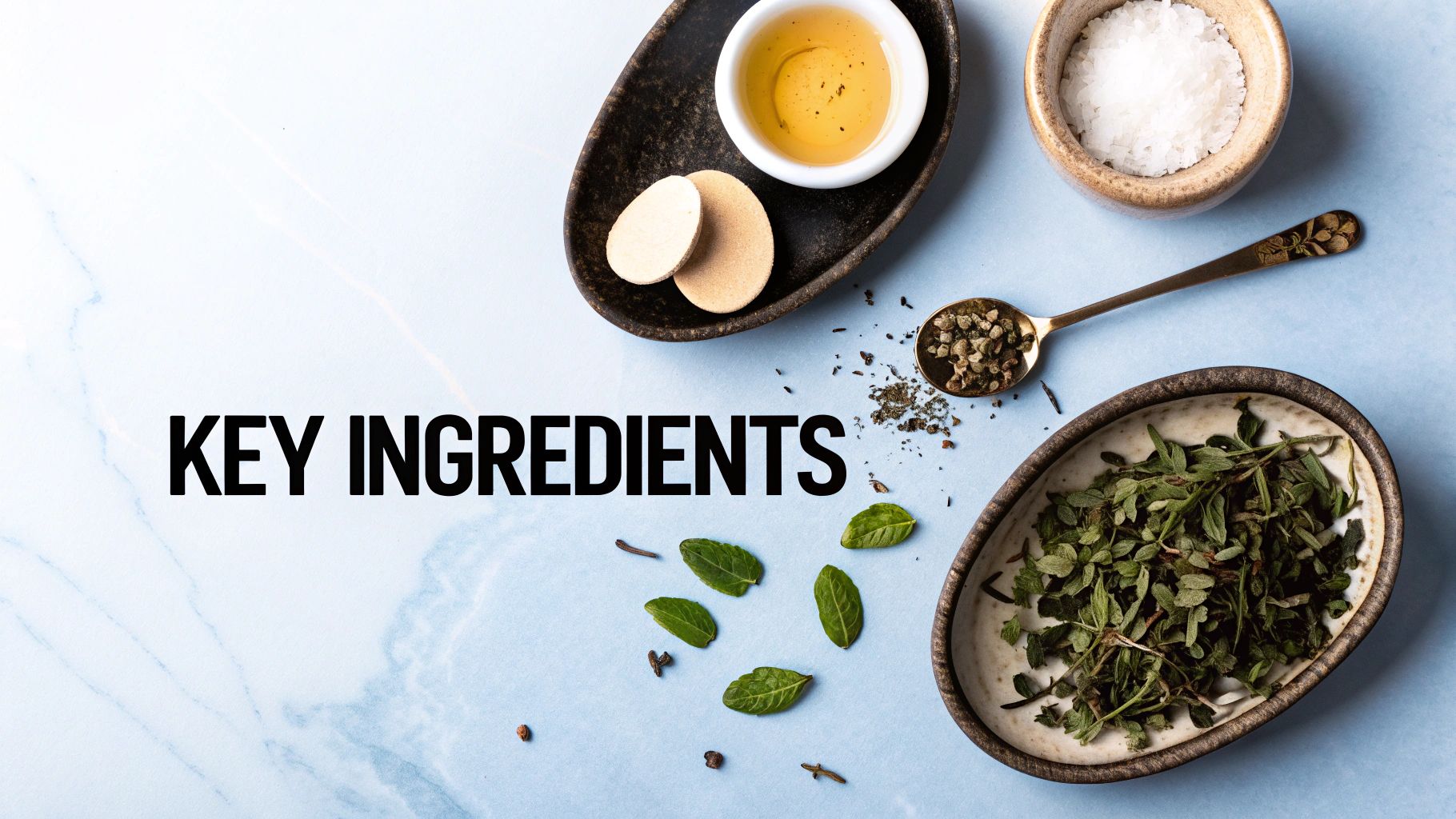 Overhead view of natural key ingredients including fresh herbs, spices, salt, and oil on a blue background.