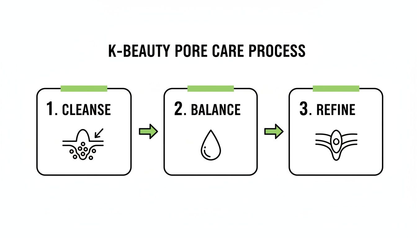 A K-beauty pore care process diagram showing three steps: cleanse, balance, and refine.
