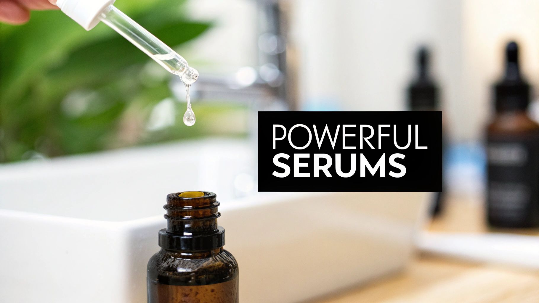 A hand holds a dropper, dispensing powerful serum liquid into an amber glass bottle.