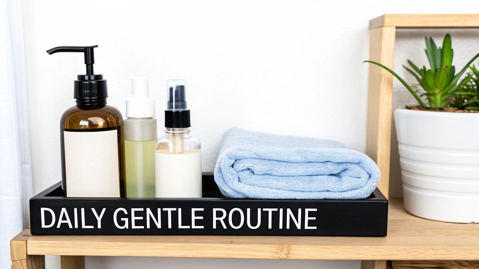 Skincare products, a blue towel, and a tray labeled 'Daily Gentle Routine' on a wooden shelf.
