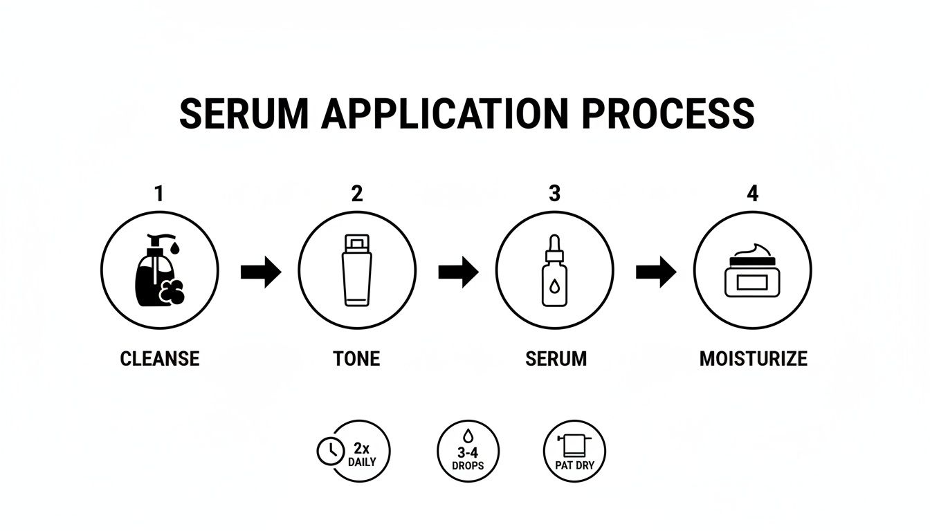 A diagram showing the four-step serum application process: cleanse, tone, serum, and moisturize.