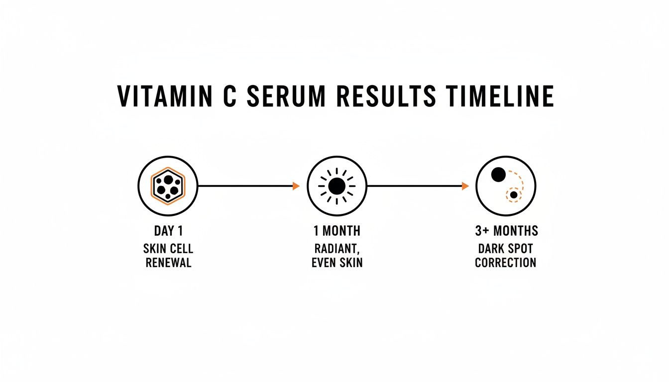A timeline graphic illustrating Vitamin C serum results: day 1 skin cell renewal, 1 month radiant skin, 3+ months dark spot correction.
