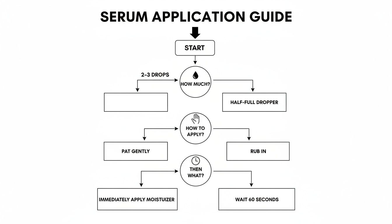 Flowchart guide on serum application, detailing amount, method, and follow-up steps for skincare.